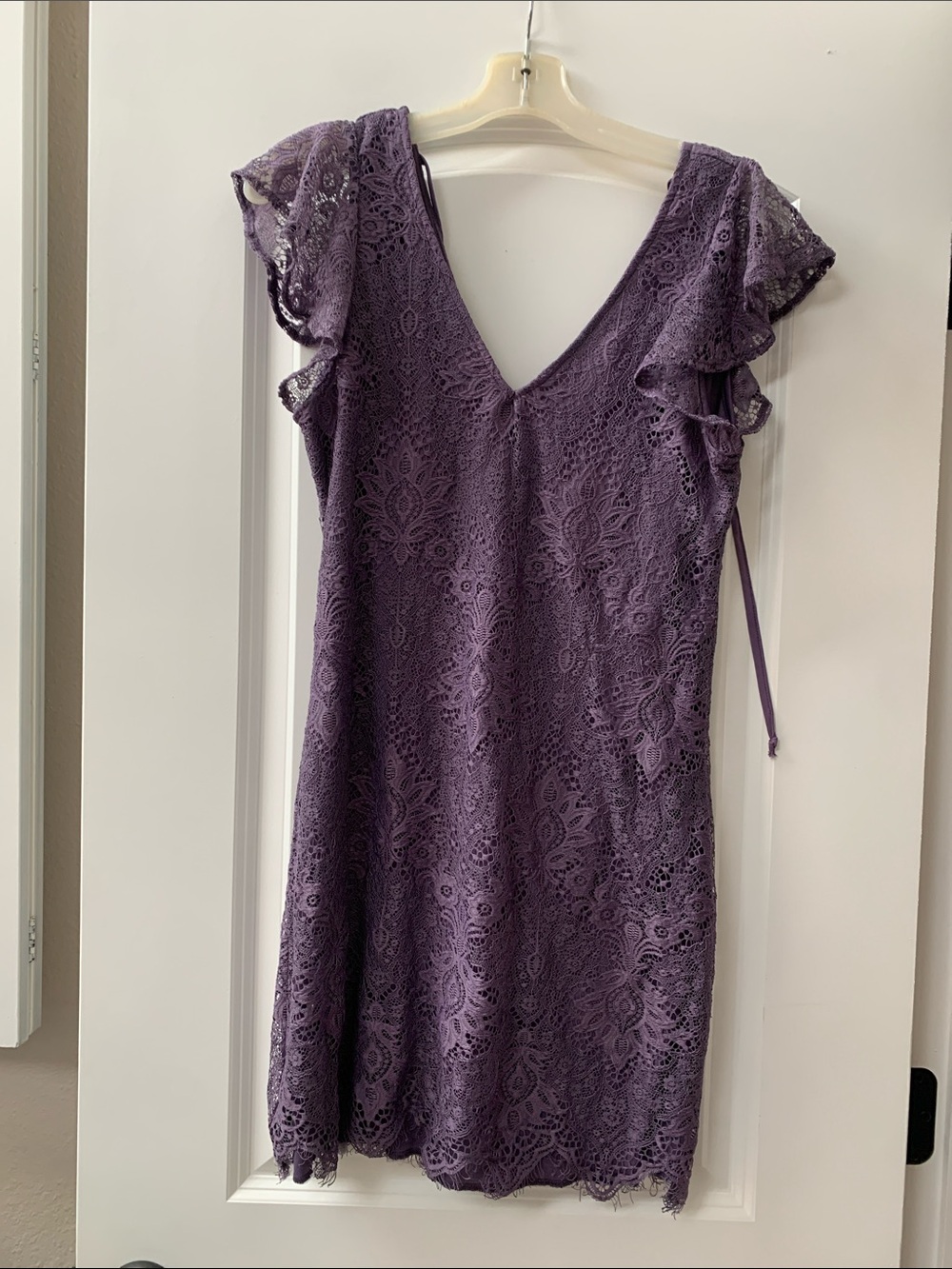Francesca's Collections Purple Lace V-Neck Ruffle Sleeve Mini Dress